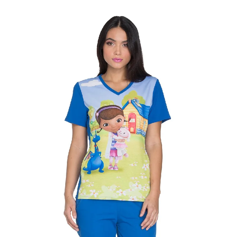 Cherokee Tooniforms Women's V-Neck Knit Panel Doc Mcstuffins Print Scrub Top X-Small Print