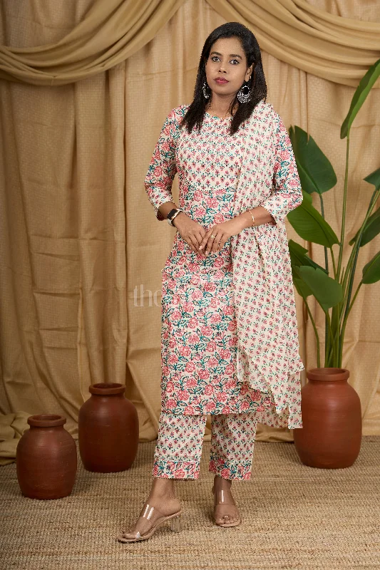 Beige Floral Print Cotton Kurta Set with Palazzo and Dupatta