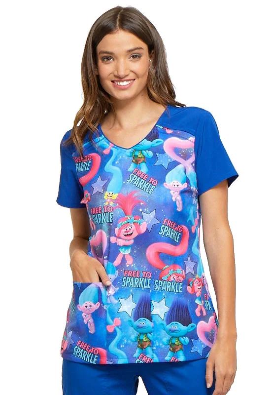 Cherokee Tooniforms Women's V-Neck Trolls Print Scrub Top Small Print