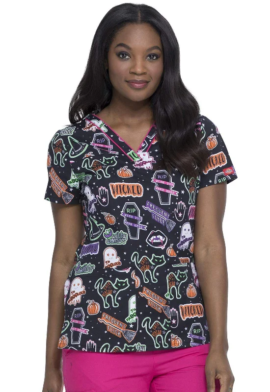 Dickies EDS Women Scrubs Top V-Neck DK709, S, Witchy Woman