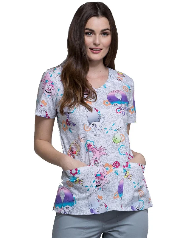 Cherokee Tooniforms Women's V-Neck Trolls Print Scrub Top Medium Print