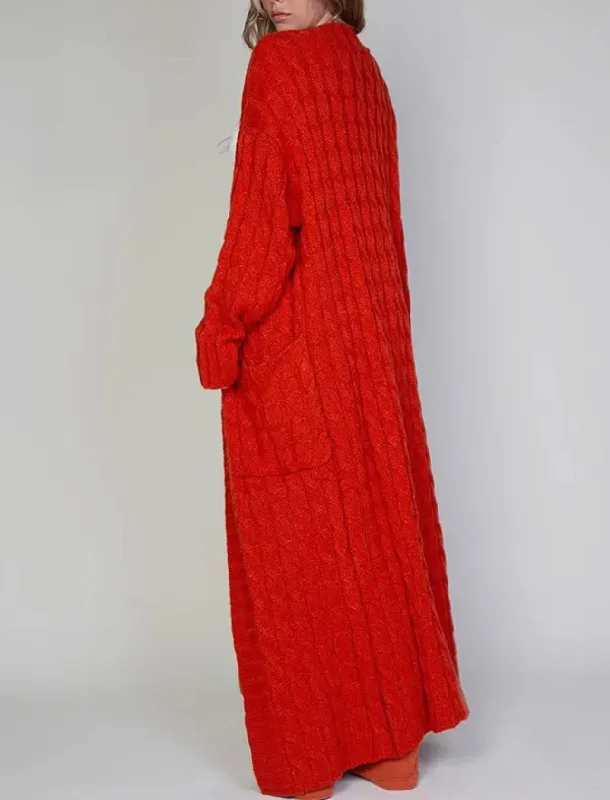 “Radiant Rouge” Chunky Cable Knit Maxi Cardigan