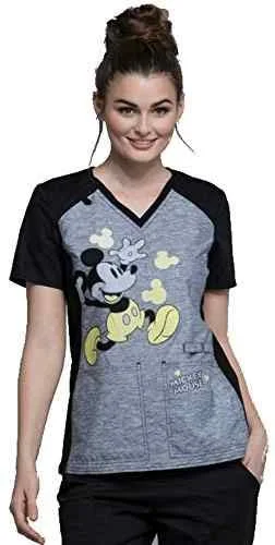 Cherokee Tooniforms Women's V-Neck Knit Panel Mickey Mouse Print Scrub Top XXX-Large Print