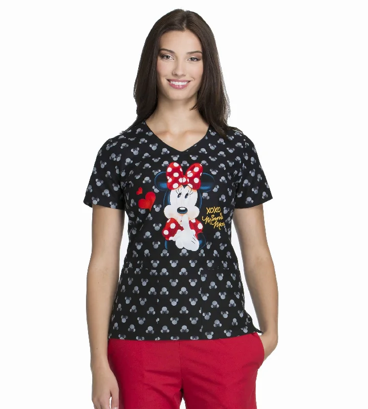 Cherokee Tooniforms Women's V-Neck Minnie Mouse Print Scrub Top Large Print