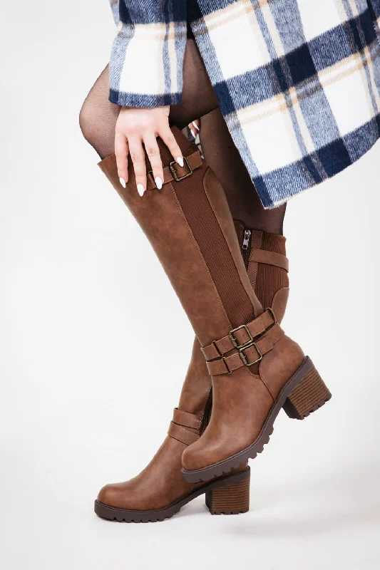 Soda Lita Tall Buckle Lug Boots for Women in Tan | LITA-S TAN