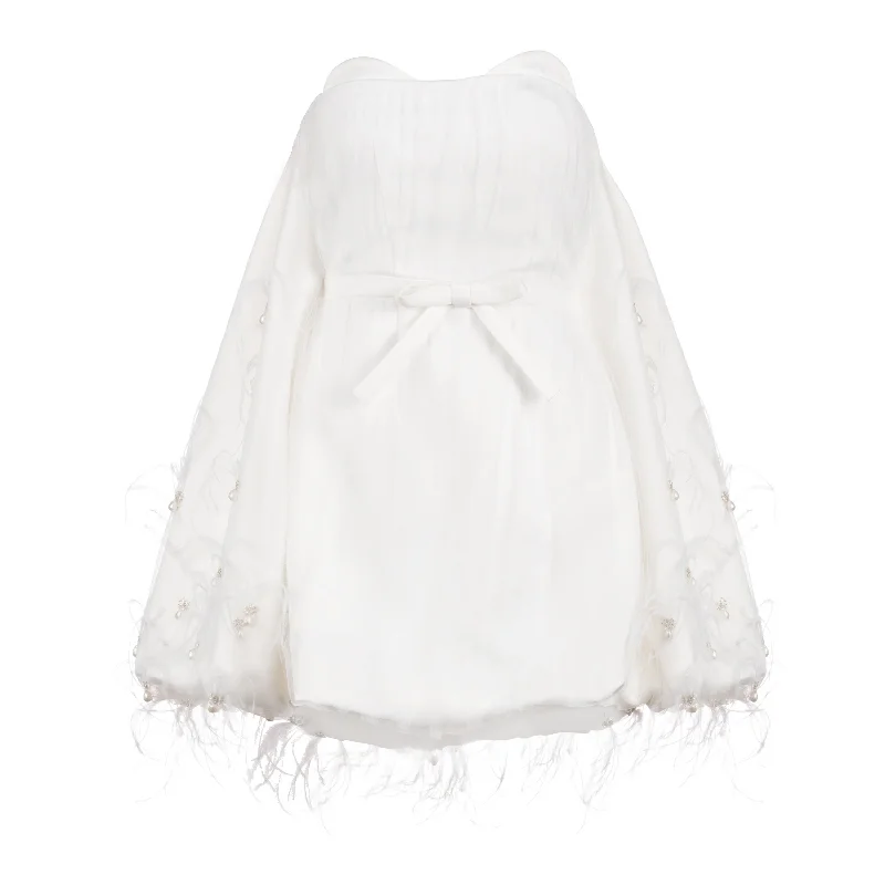 Cloud Dress in Ivory Satin with Feather Embellishment