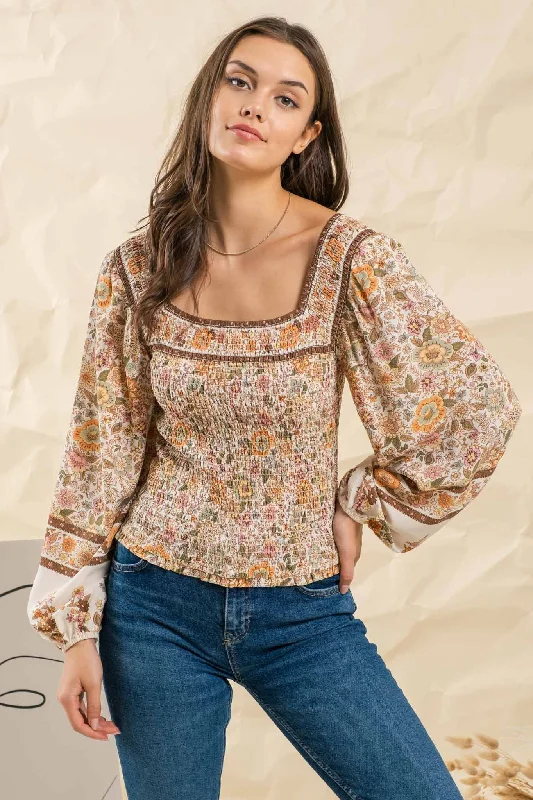 Boho Border Print Smocked Top