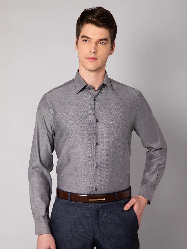 Men's Dark Grey Formal Self textured Full Sleeve Shirt