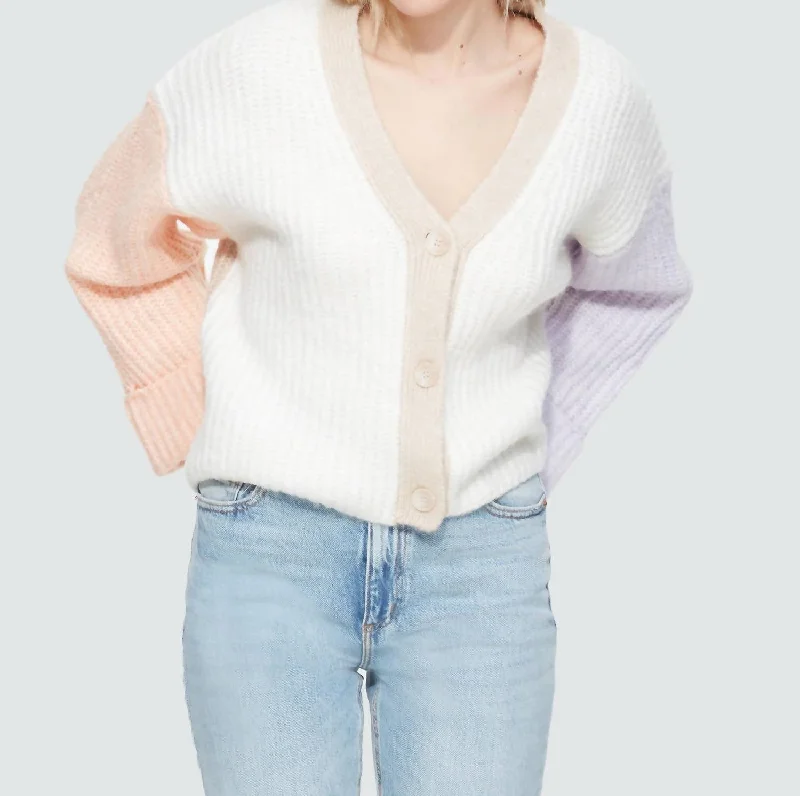 Drop Shoulder Cardigan In Peach Purple Colorblock