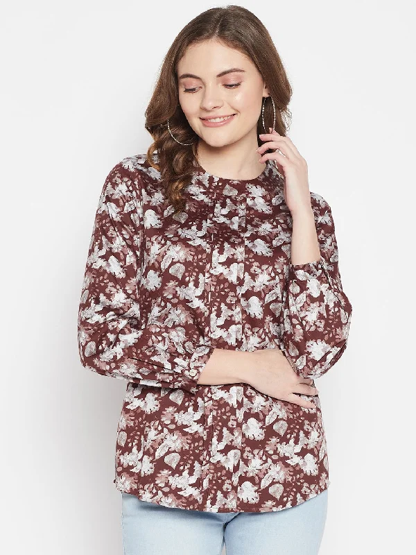 Women's Casual  Brown Floral Print Round neck Top