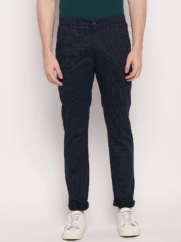 Men's Casual Flat front Navy Blue Checks Trousers