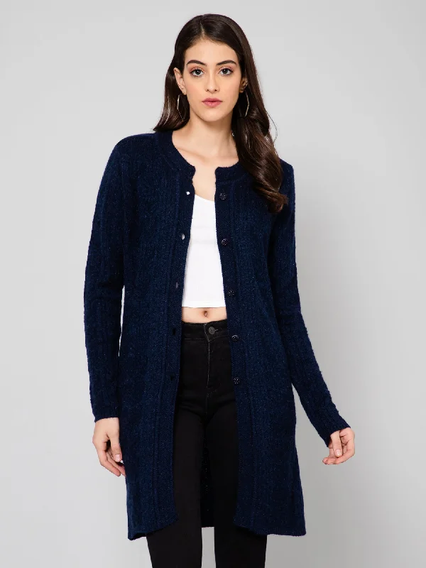 Women's Casual  Navy Blue Round neck Cardigan Sweater