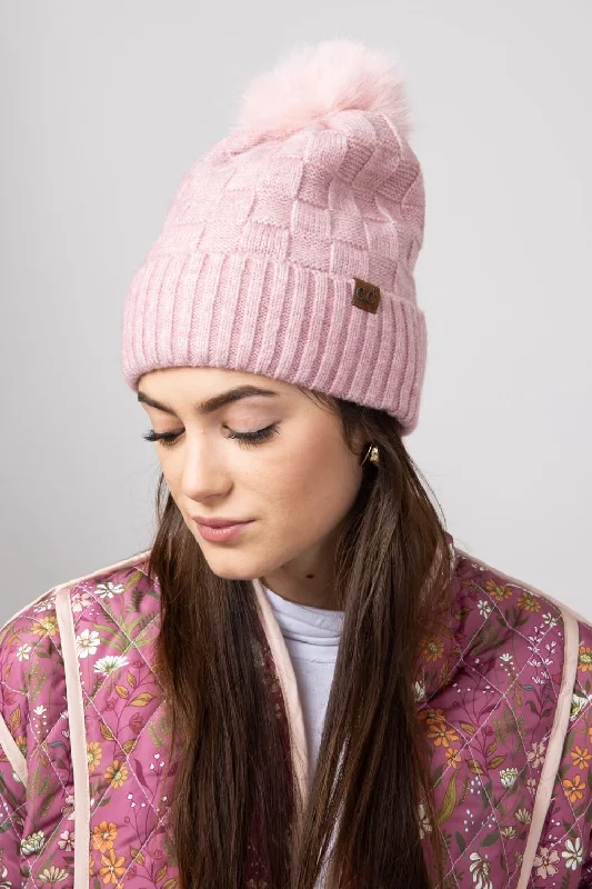 C.C. Checkered Knit Pom-Pom Beanie for Women in Rose | HTC0094-RSE