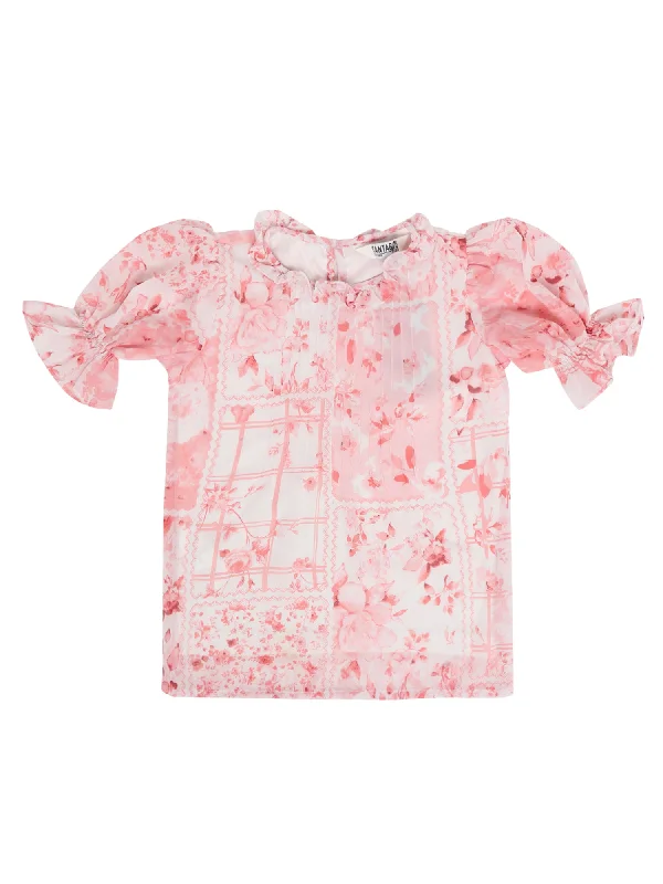 Girls Casual Pink Puffed Full Sleeves with ruffled hem  Top