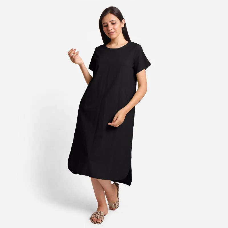 Black Cotton Flax High-Low Midi Shift Dress