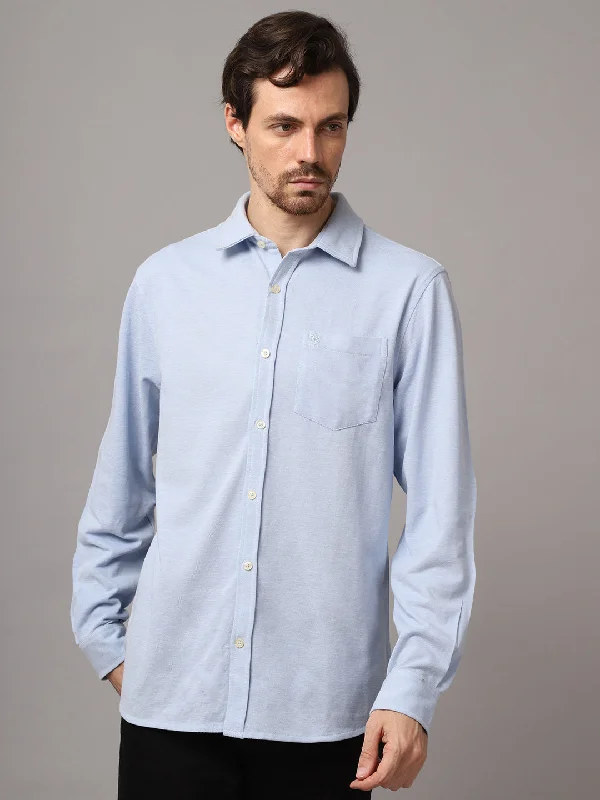 Cotton Self Design Sky Blue Full Sleeve Regular Fit Casual Shirt for Men with Pocket