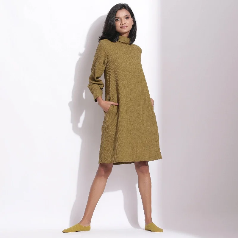 Olive Green Warm Cotton Waffle Knee Length Shift Dress