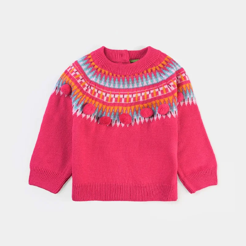 Infant Girls Acrylic Sweater Pompom Fusion-Hot Pink