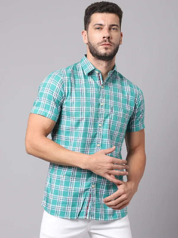 Cotton Checkered Green Half Sleeve Regular Fit Casual Shirt for Men with Pocket