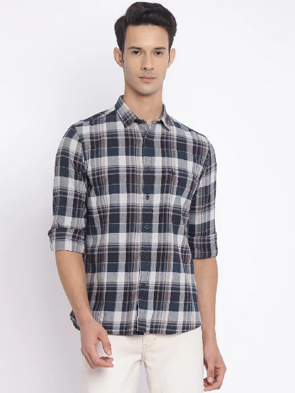 Men's Teal Blue Casual Big Checks Full Sleeve Shirt