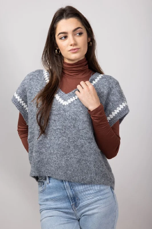 Embroidered V-Neck Sweater Vest for Women in Grey | MAS2989-GREY