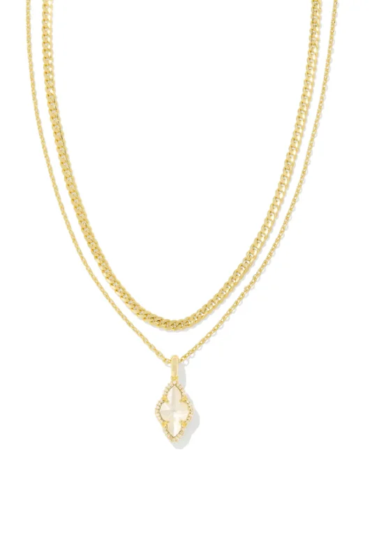 Kendra Scott Abbie Gold Pave Frame Large Long Pendant Necklace in Ivory Mother-of-Pearl | 9608865619