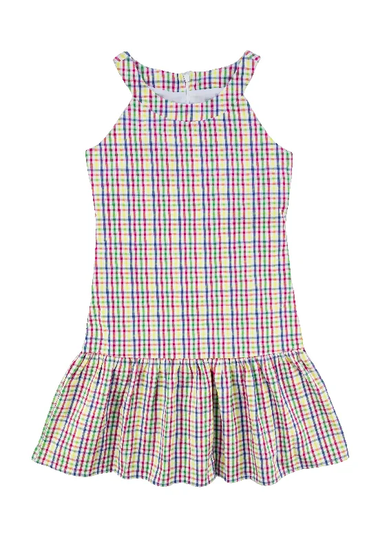 Plaid Seersucker Dress With Hem Ruffle