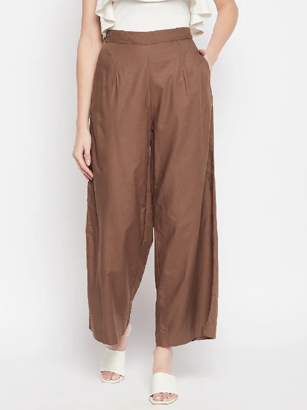 Women's   Brown Flat Front Mid rise Parallel Pants