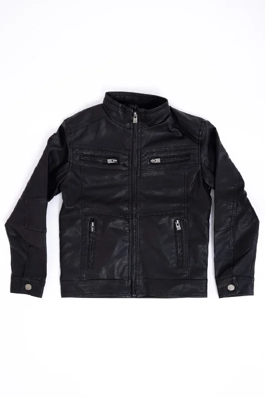 Youth Moto Faux Leather Jacket for Boys in Black | BXLJ58003-BLACK