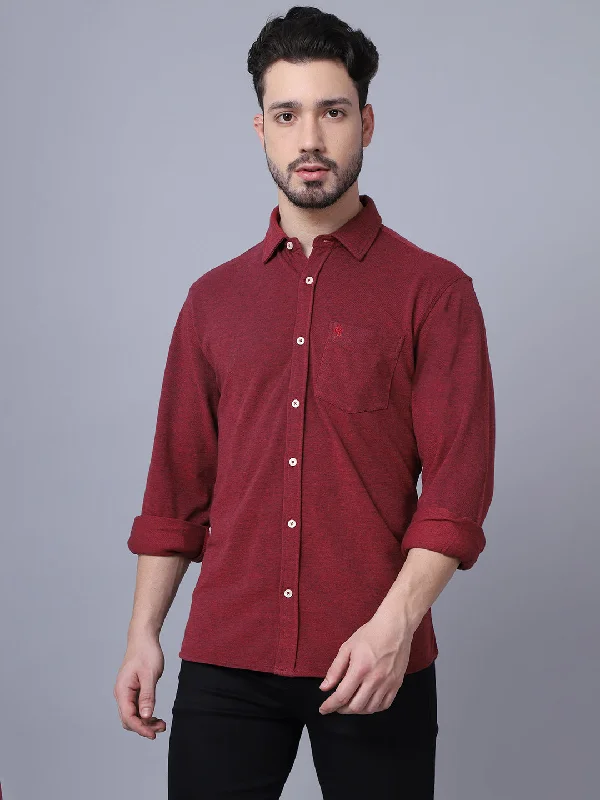 Cotton Self Design Maroon Full Sleeve Regular Fit Casual Shirt for Men with Pocket