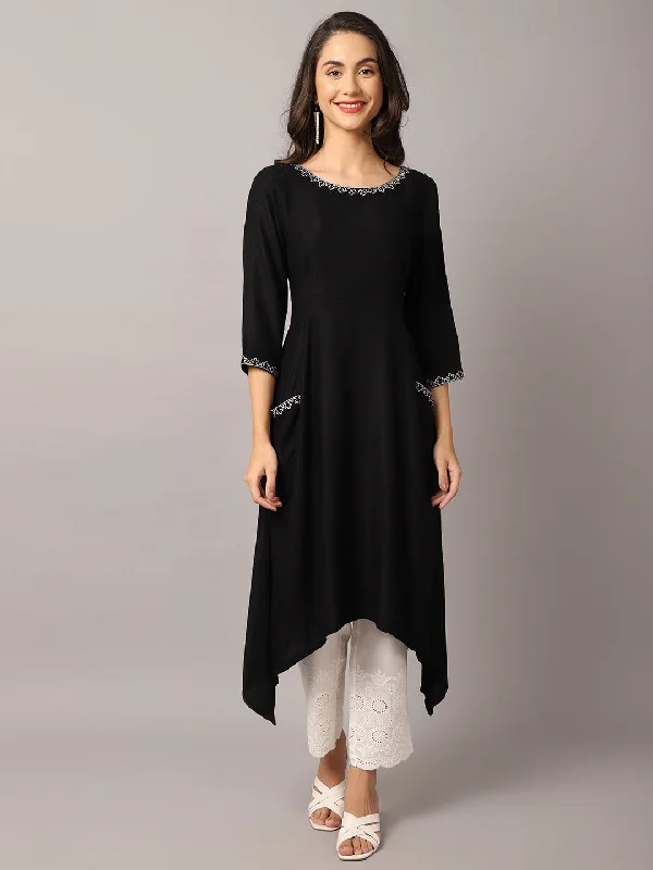 Women's  Round neck Black Embroidered Calf length Kurti