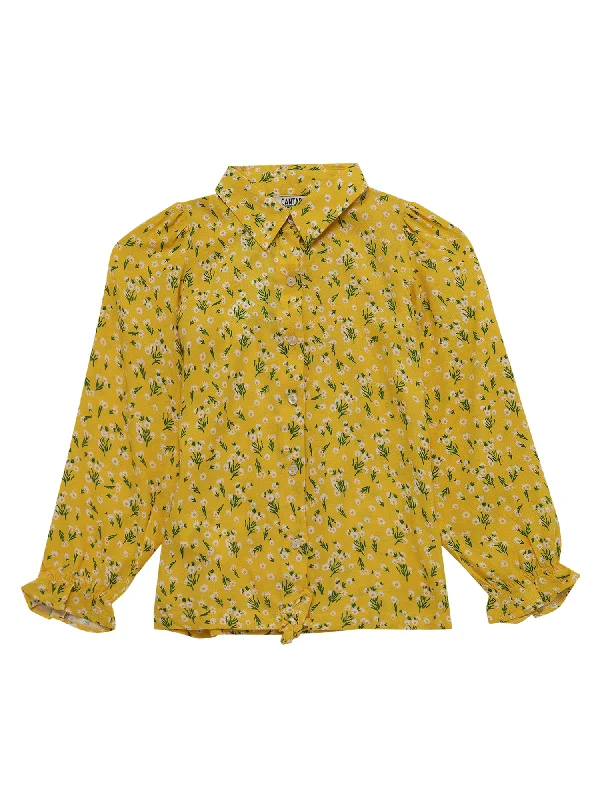 Girls Basic Yellow Puffed Full Sleeves with ruffled hem  Top