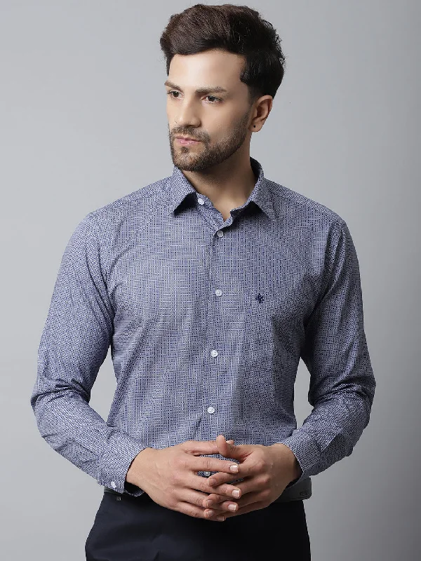 Men's Navy Blue Formal Geometric Print Full Sleeve Shirt