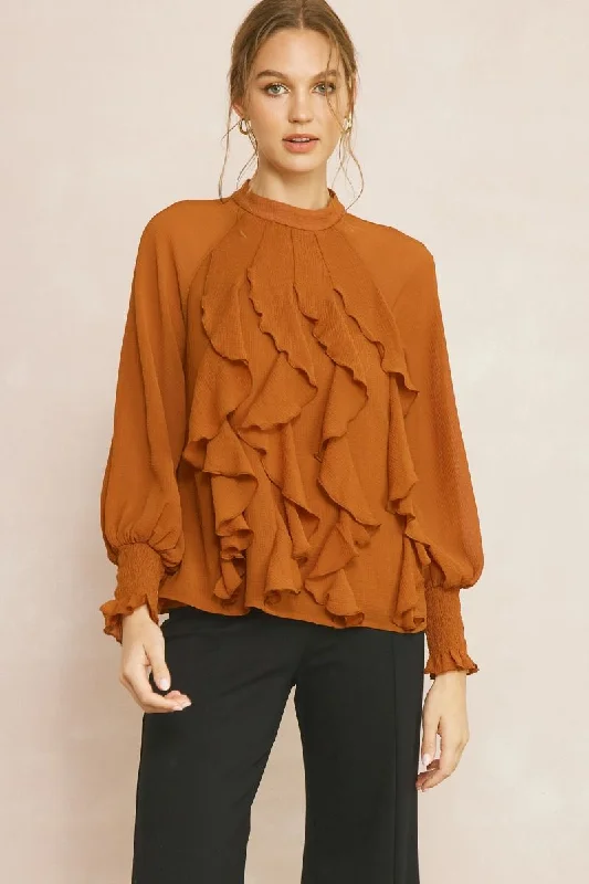 Mock neck long sleeve top with ruffles