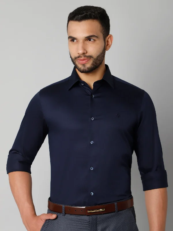 Men's Navy Blue Party Plain Satin Full Sleeve Shirt