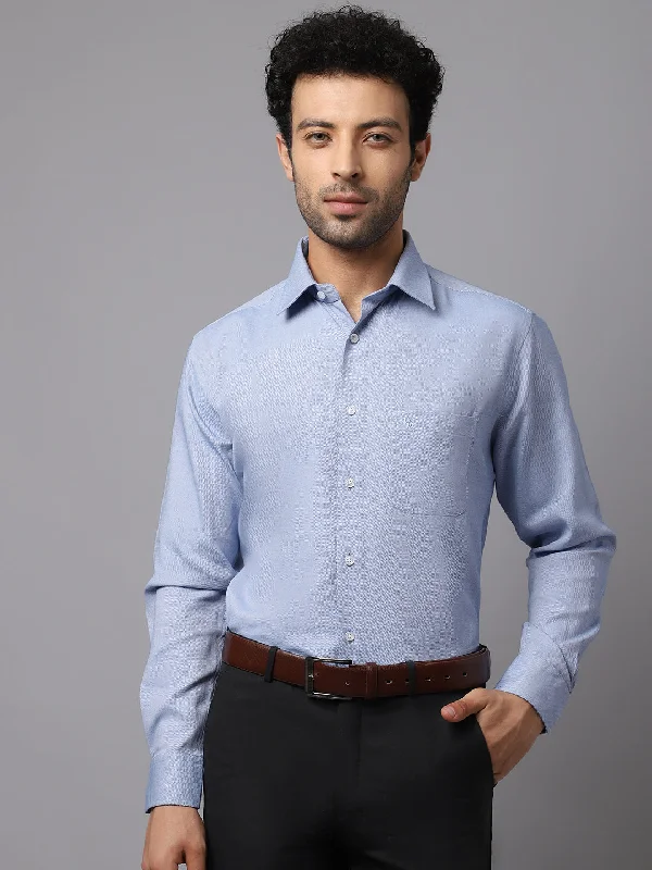 Men's Blue Formal Self Textured Full Sleeve Shirt