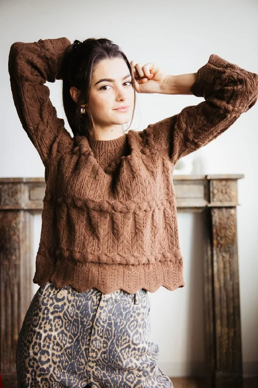 Scallop Edged Sweater for Women in Brown | MAS2875-BROWN