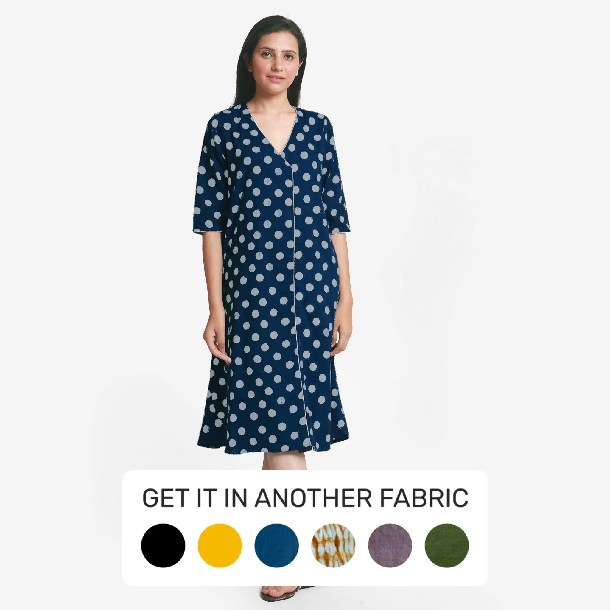 Indigo Polka Dot Block Print Cotton Midi Dress