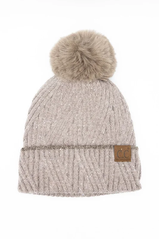 C.C. Sequin Pom-Pom Beanie for Women in Taupe | HTS0006-TPE