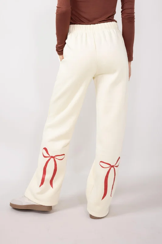 Back Bow Wide Leg Sweatpants for Women in Cream | PSP1416-CREAM