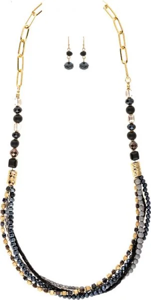 Gold Black Grey Bead Necklace Set