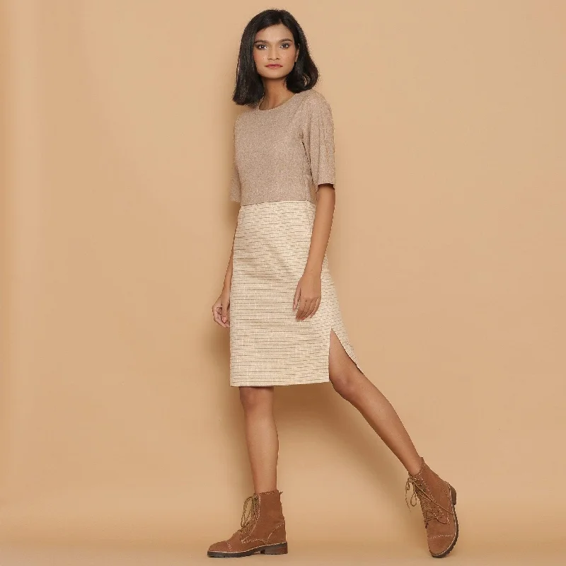 Dusk Beige Cotton Knee Length Shift Yoked Dress