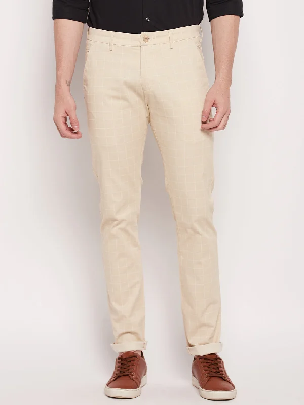 Men's Casual Flat front Beige Checks Trousers