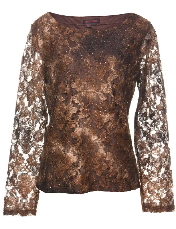 Floral Lace Y2K Brown Evening Top - L