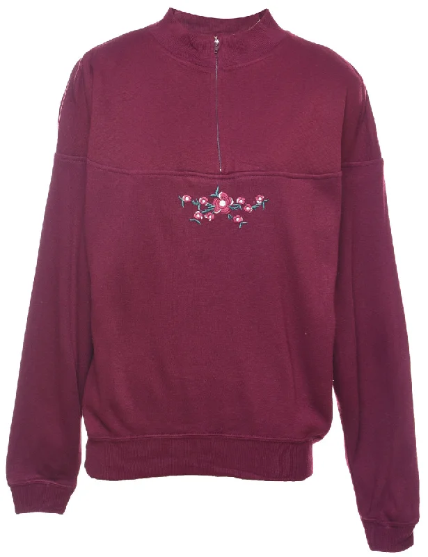 Quarter-Zip Floral Embroidered 1990s Sweatshirt - M