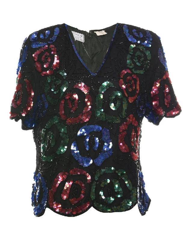 Sequined & Beaded Silk Party Top - L