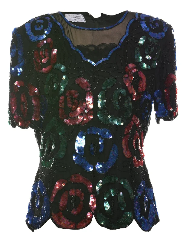 Sequined & Beaded Silk Party Top - S