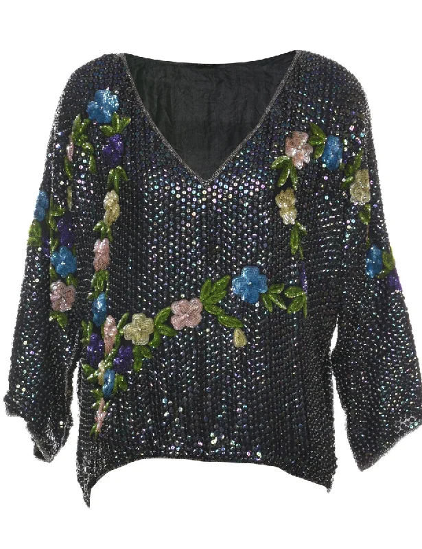 Sequined Multi-Colour Floral Evening Top - L