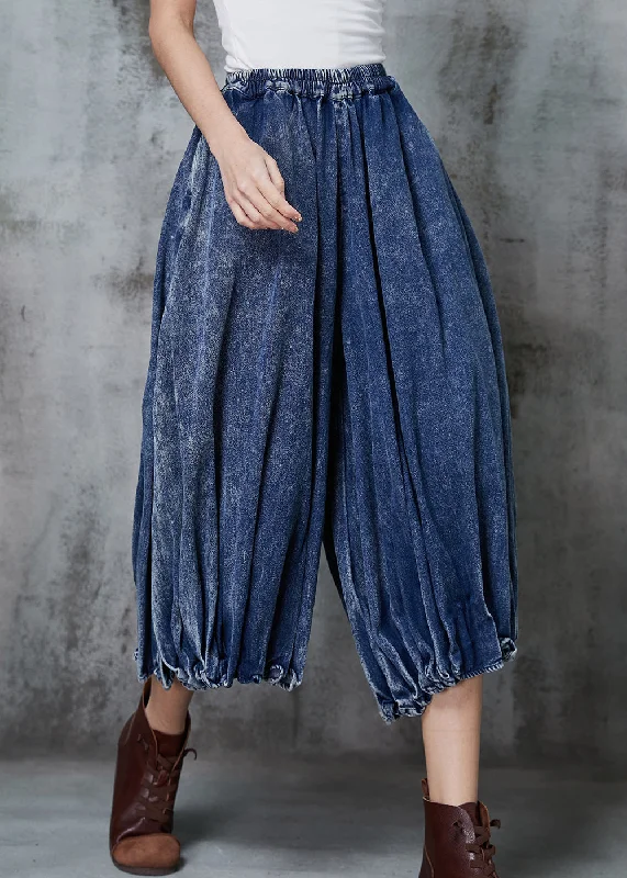 Casual Blue Oversized Wrinkled Denim Wide Leg Pants Spring