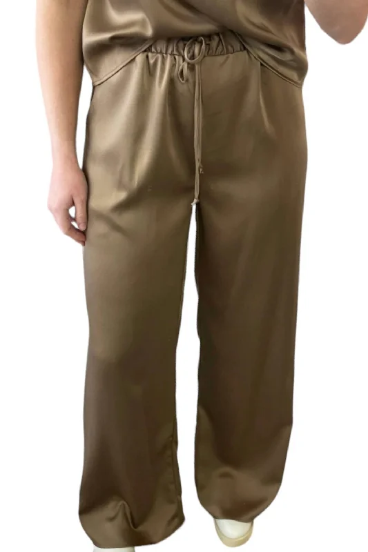 Elastic Waist Satin Pants In Coffee